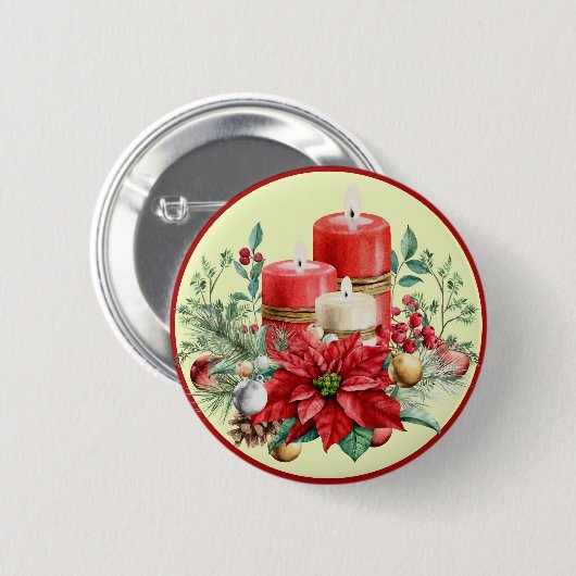 美しい赤と白キャンドル&ポインセチア 缶バッジ (正面&裏面)