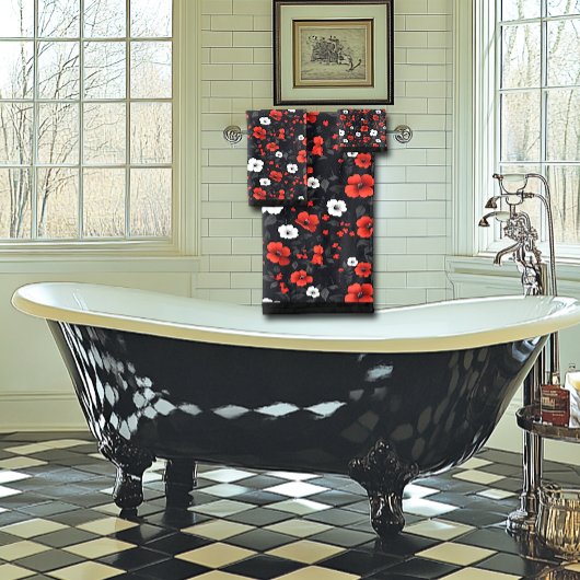 美しい赤と白バラ黒い背景 バスタオルセット
