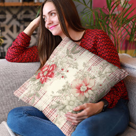 美しい赤と白プレイドフローラ クッション