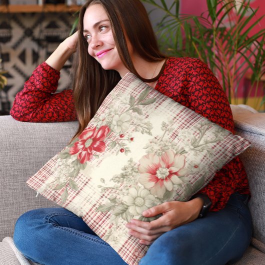 美しい赤と白プレイドフローラ クッション