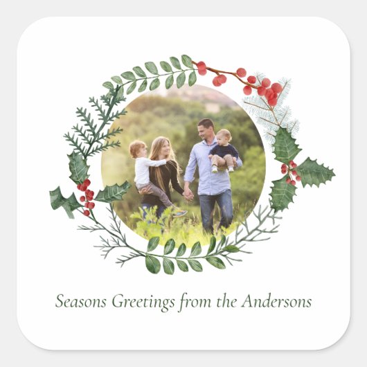 美しい赤と緑の水の色クリスマスリース スクエアシール (正面)
