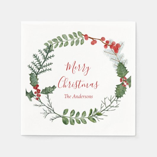 美しい赤と緑の水の色クリスマスリース スタンダードカクテルナプキン (正面)
