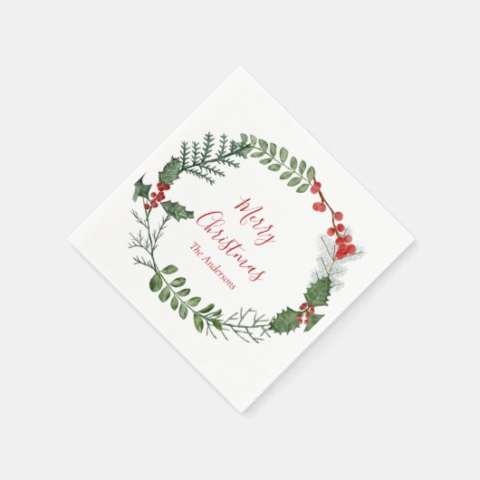 美しい赤と緑の水の色クリスマスリース スタンダードカクテルナプキン (角)