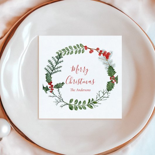 美しい赤と緑の水の色クリスマスリース スタンダードカクテルナプキン