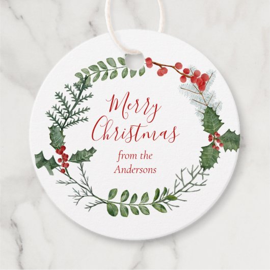 美しい赤と緑の水の色クリスマスリース フェイバータグ (正面)