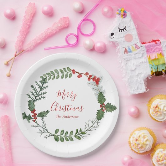 美しい赤と緑の水の色クリスマスリース ペーパープレート (パーティー)