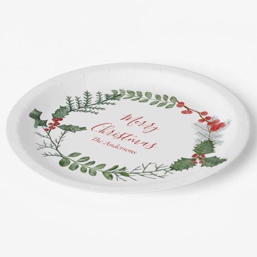 美しい赤と緑の水の色クリスマスリース ペーパープレート (アングル)