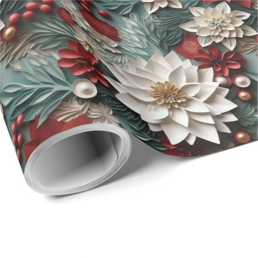 美しい赤と緑の3Dポインセチア ラッピングペーパー (ロールコーナー)