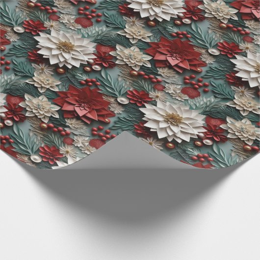 美しい赤と緑の3Dポインセチア ラッピングペーパー (角)