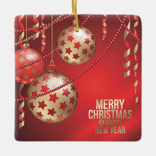 美しい赤と金色のクリスマスボール広場 セラミックオーナメント (正面)