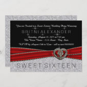 美しい赤と黒とシルバーのスイート16 招待状 (正面/裏面)