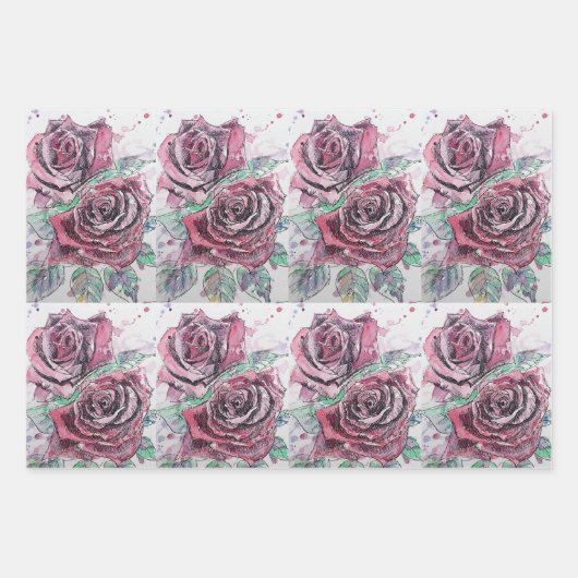 美しい赤のバラとインクの水の色絵画の ラッピングペーパーシート (正面)