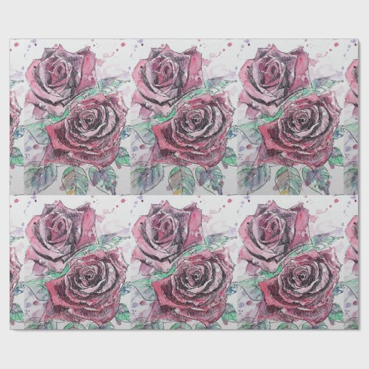 美しい赤のバラとインクの水の色絵画の ラッピングペーパー (フラット)