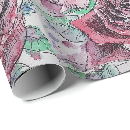 美しい赤のバラとインクの水の色絵画の ラッピングペーパー (ロールコーナー)