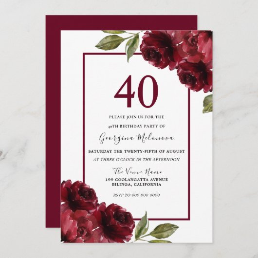 美しい赤のバラエレガントス40th誕生日パーティー 招待状 (正面/裏面)