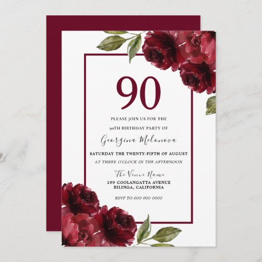 美しい赤のバラエレガントス90th誕生日パーティー 招待状 (正面/裏面)