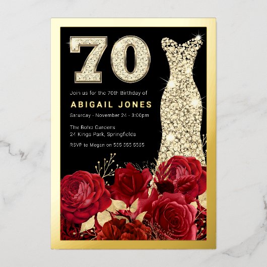 美しい赤のバラ金ゴールドガウン70th誕生日パーティー 箔招待状 (正面)