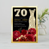 美しい赤のバラ金ゴールドガウン70th誕生日パーティー 箔招待状 (立ち正面)