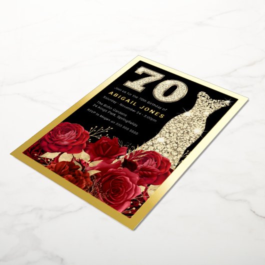 美しい赤のバラ金ゴールドガウン70th誕生日パーティー 箔招待状 (回転した状態)