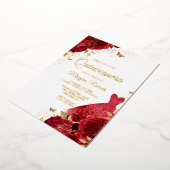 美しい赤のバラ&ドレスゴールドフォイルキンセアニェラ 箔招待状 (回転した状態)