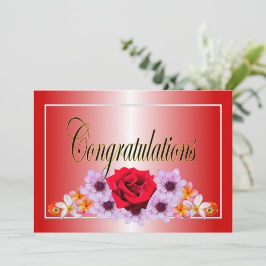 美しい赤のフローラデザインおめでとう 招待状 (スタンド正面)