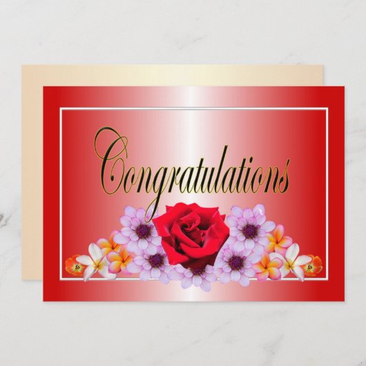 美しい赤のフローラデザインおめでとう 招待状 (正面/裏面)