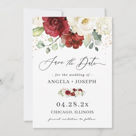 美しい赤の白のバラフローラユーカリ結婚プス セーブザデート (正面)