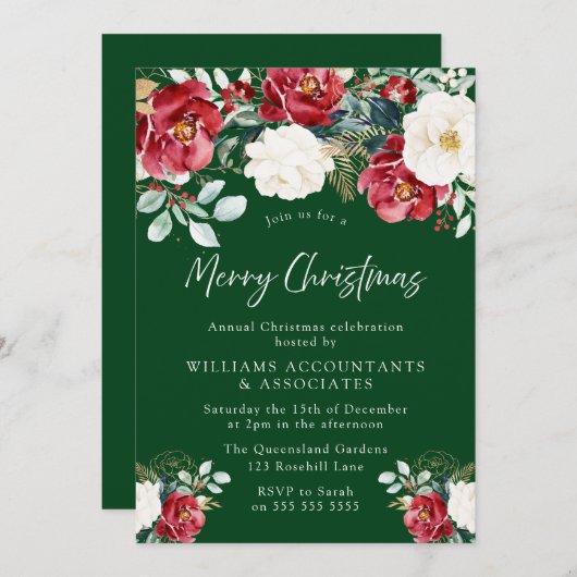 美しい赤の白の緑のフローラクリスマスパーティー 招待状 (正面/裏面)