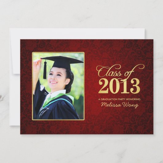 美しい赤の花柄ダマスクとゴールド クラスオブ2013 招待状 (正面)