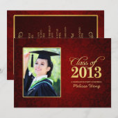 美しい赤の花柄ダマスクとゴールド クラスオブ2013 招待状 (正面/裏面)