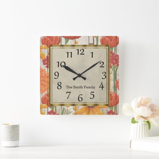 美しい赤オレンジイエローフローラウッド スクエア壁時計 (ホーム)