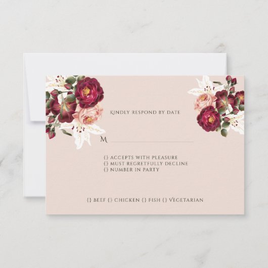 美しい赤ピンクローズホワイトリリー結婚ズRSV 出欠カード (裏面)