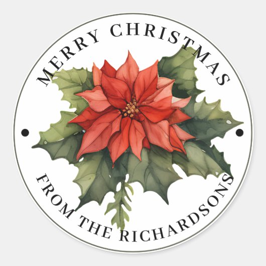 美しい赤ポインセチア・メリークリスマス ラウンドシール (正面)