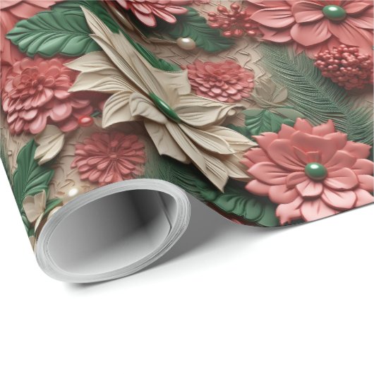 美しい赤緑と白3Dポインセチア ラッピングペーパー (ロールコーナー)