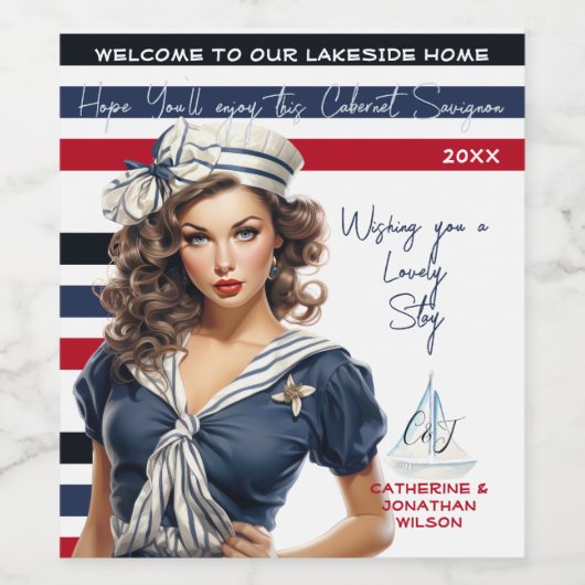 美しい赤航海のいピンアップ女の子カスタムの ワインラベル (シングルラベル)