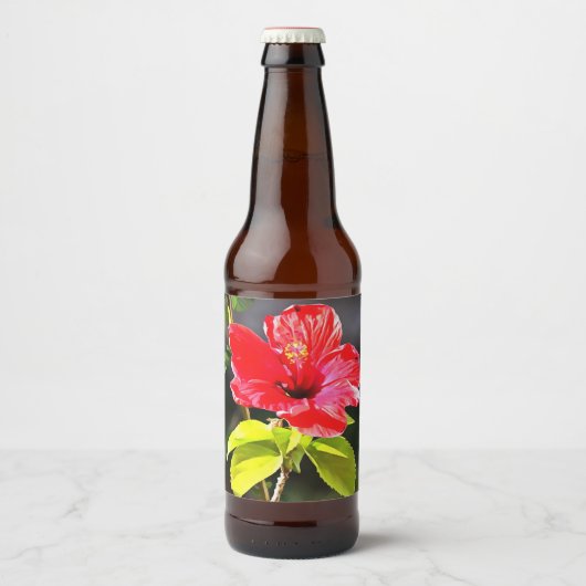 美しい赤芸術的色の熱帯ハイビスカスの花 ビールラベル (正面)
