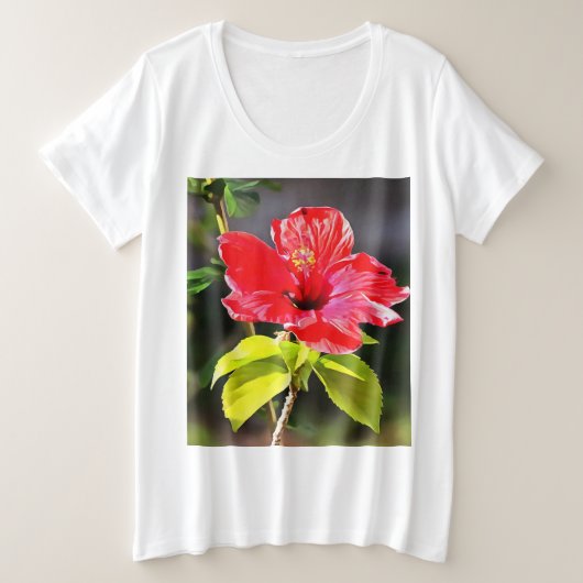 美しい赤芸術的色の熱帯ハイビスカスの花 プラスサイズTシャツ (デザイン正面)