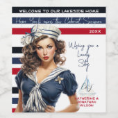 美しい赤青の海軍のピンナップガールカスタム ワインラベル (シングルラベル)