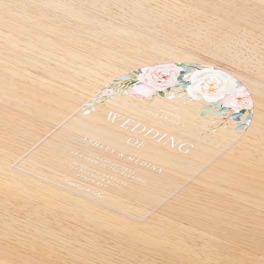 美しい赤面とアイボリーフローラ結婚の アクリル招待状 (レイダウン)