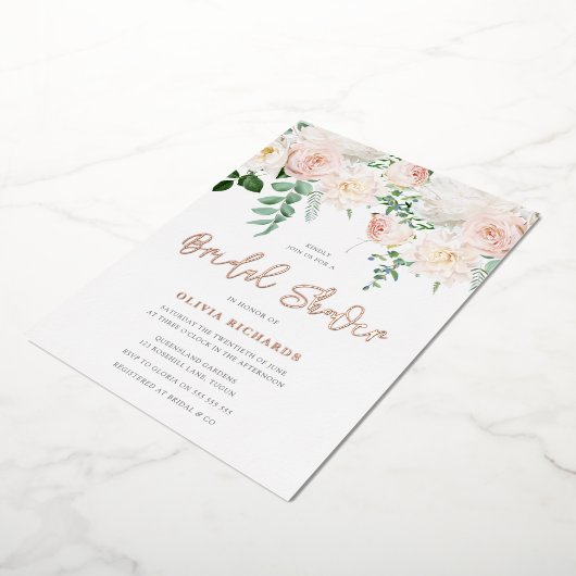 美しい赤面とバラ金ゴールドブライダルシャワー 箔招待状 (回転した状態)