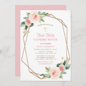 美しい赤面のピンクの花が最初の聖餐式 招待状 (正面/裏面)