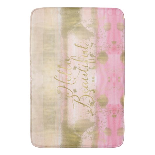 美しい赤面のピンクの金ゴールドの魅力的な水彩画こんにちは バスマット (正面縦)