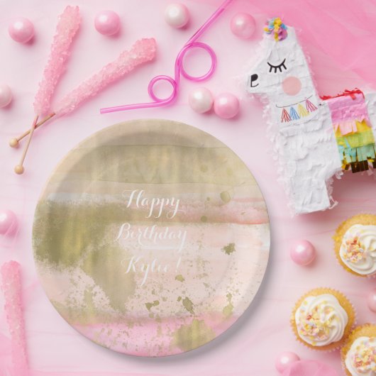 美しい赤面のピンクの金ゴールドの魅力的な水彩画こんにちは ペーパープレート (パーティー)