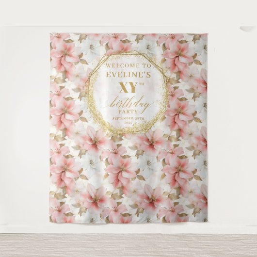 美しい赤面アイボリー金ゴールド誕生日フォトブース タペストリー (正面)