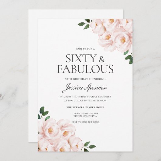 美しい赤面エレガントピンク60誕生日 招待状 (正面/裏面)