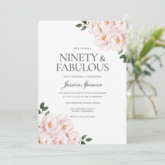 美しい赤面エレガントピンク90誕生日 招待状 (スタンド正面)