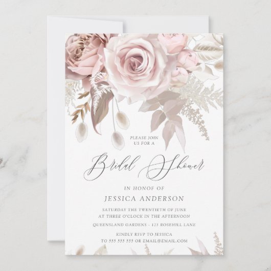 美しい赤面ダスティバラ&アイボリーブライダルシャワー 招待状 (正面)