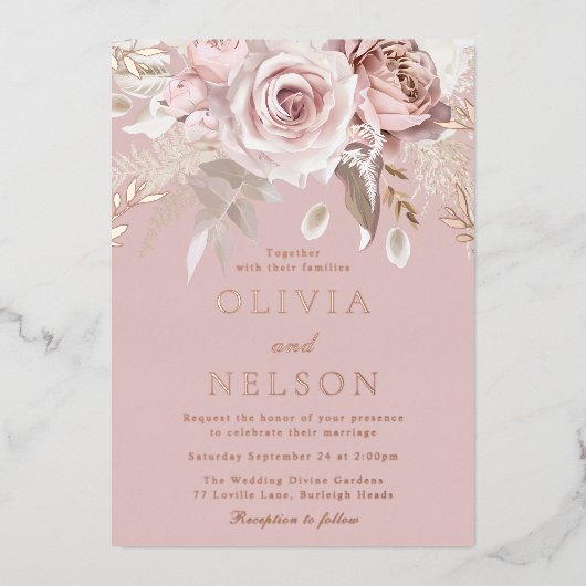 美しい赤面ダスティ結婚バラのバラ金ゴールド 箔招待状 (正面)