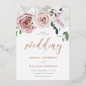 美しい赤面バラエレガントウェディングバラ金ゴールド 箔招待状 (正面)