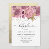 美しい赤面ピンクのフローラ金ゴールド赤ちゃんシャワー 招待状 (正面/裏面)